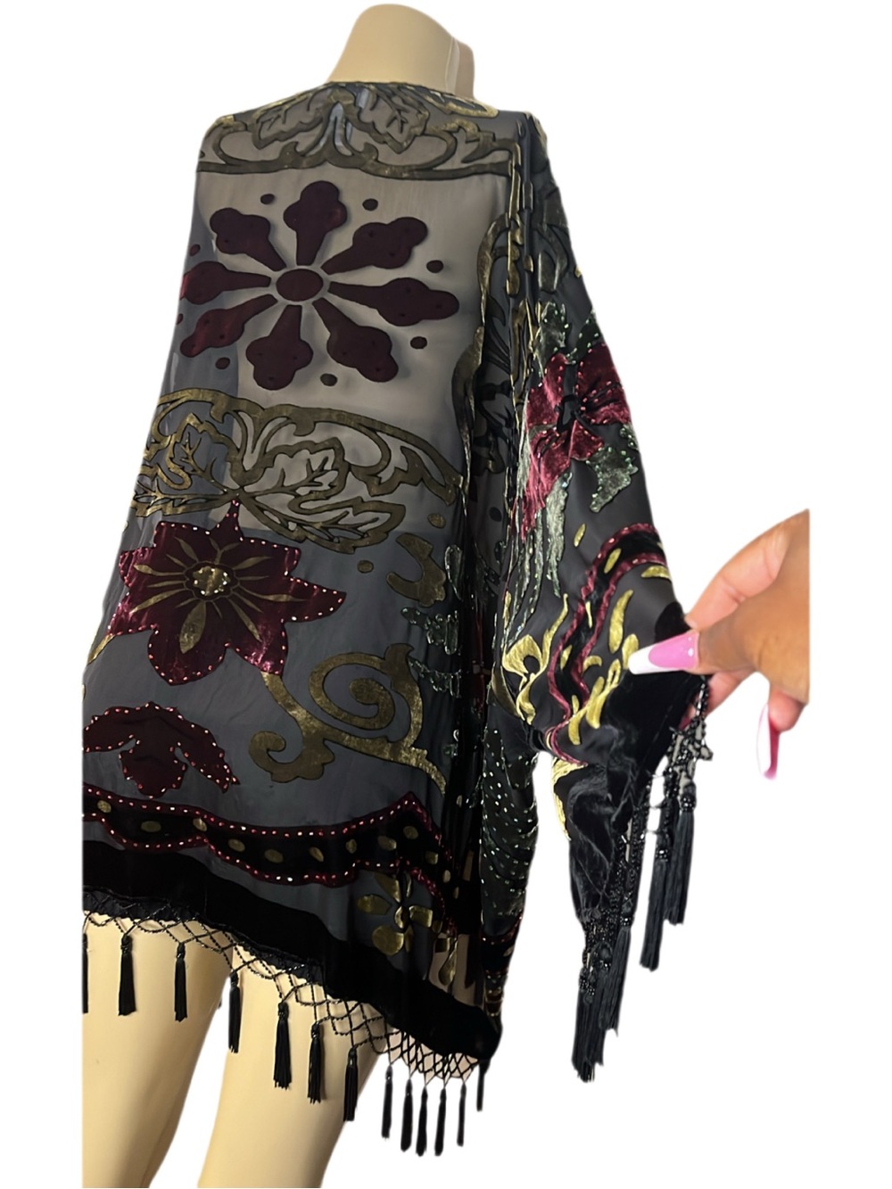 Vintage 90s J.B.S Ltd Abstract Floral Semi Sheer Fringe Duster - Picture 6 of 7